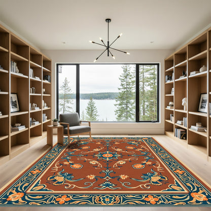 Rich Amber Floral Medallion Border Rug