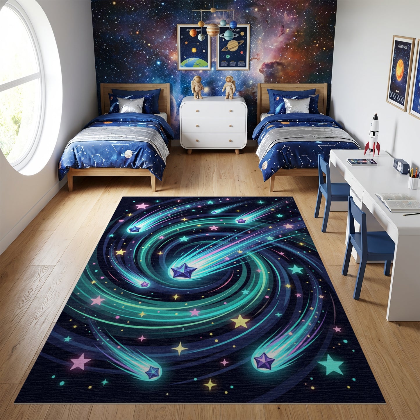 Swirling Neon Shooting Stars Galaxy Rug