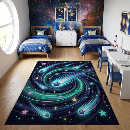 Swirling Neon Shooting Stars Galaxy Rug