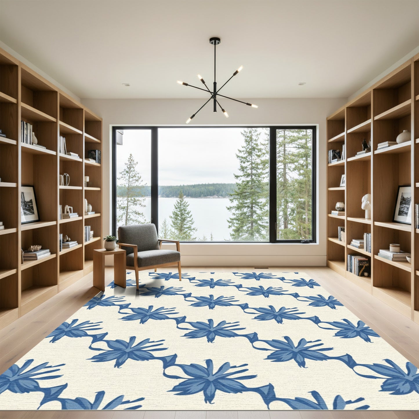 Navy Blue Floral Ribbon Arrangement Rug