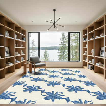 Navy Blue Floral Ribbon Arrangement Rug