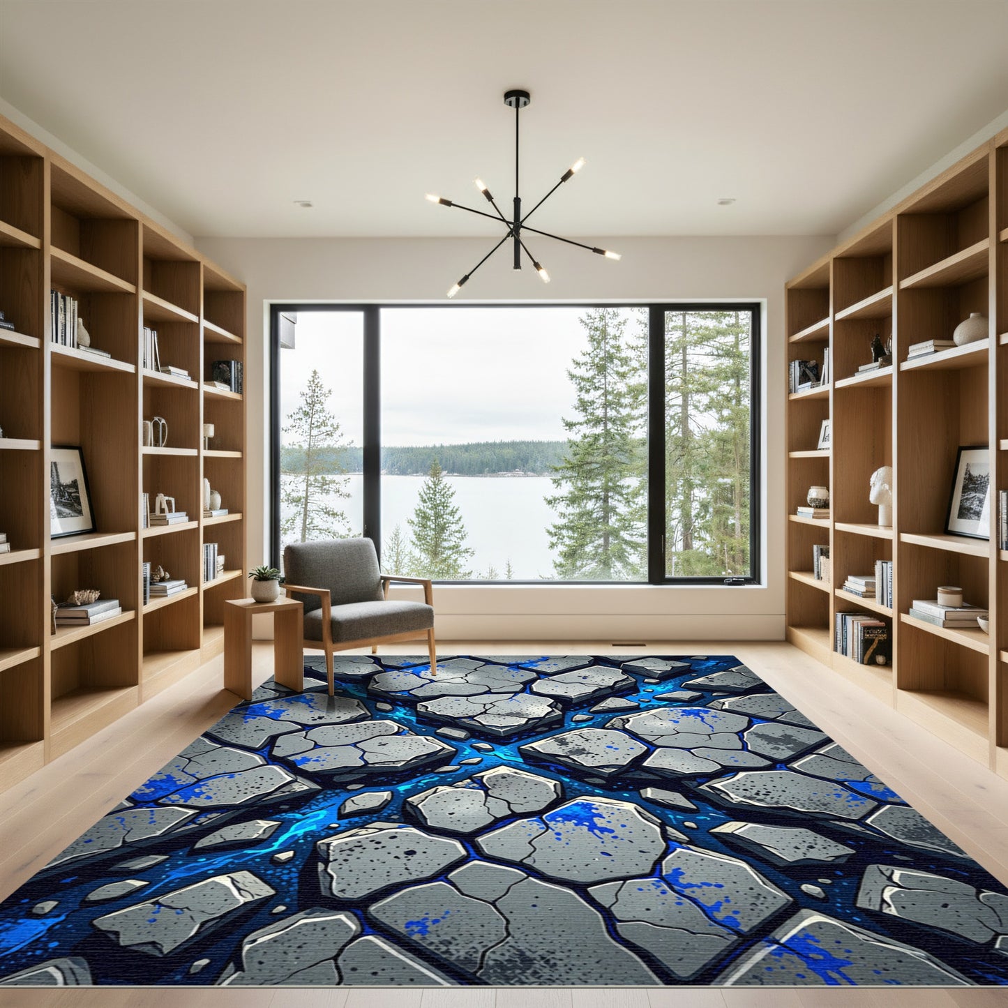 Gray Cracked Stone With Blue Splatter Rug