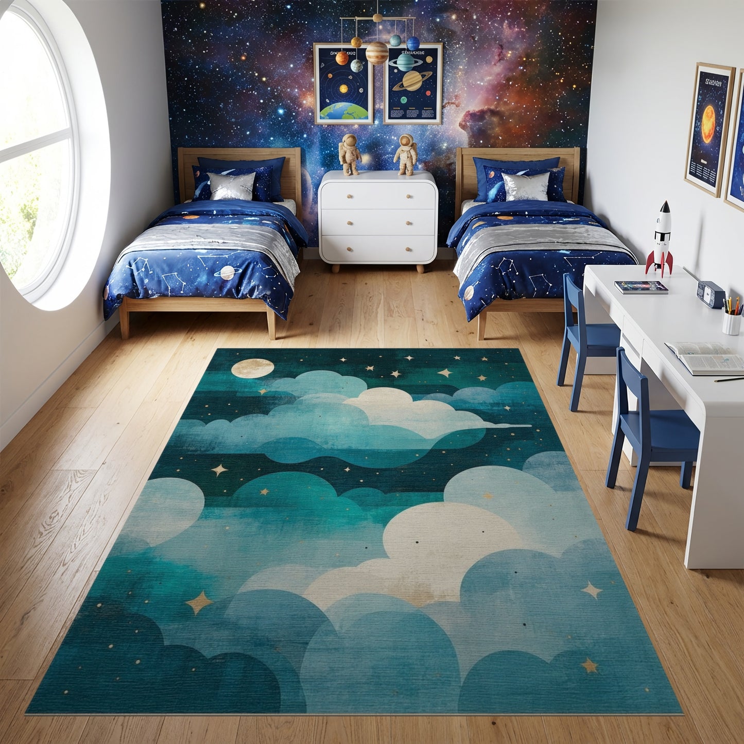 Dreamy Teal Starry Clouds Moon Rug