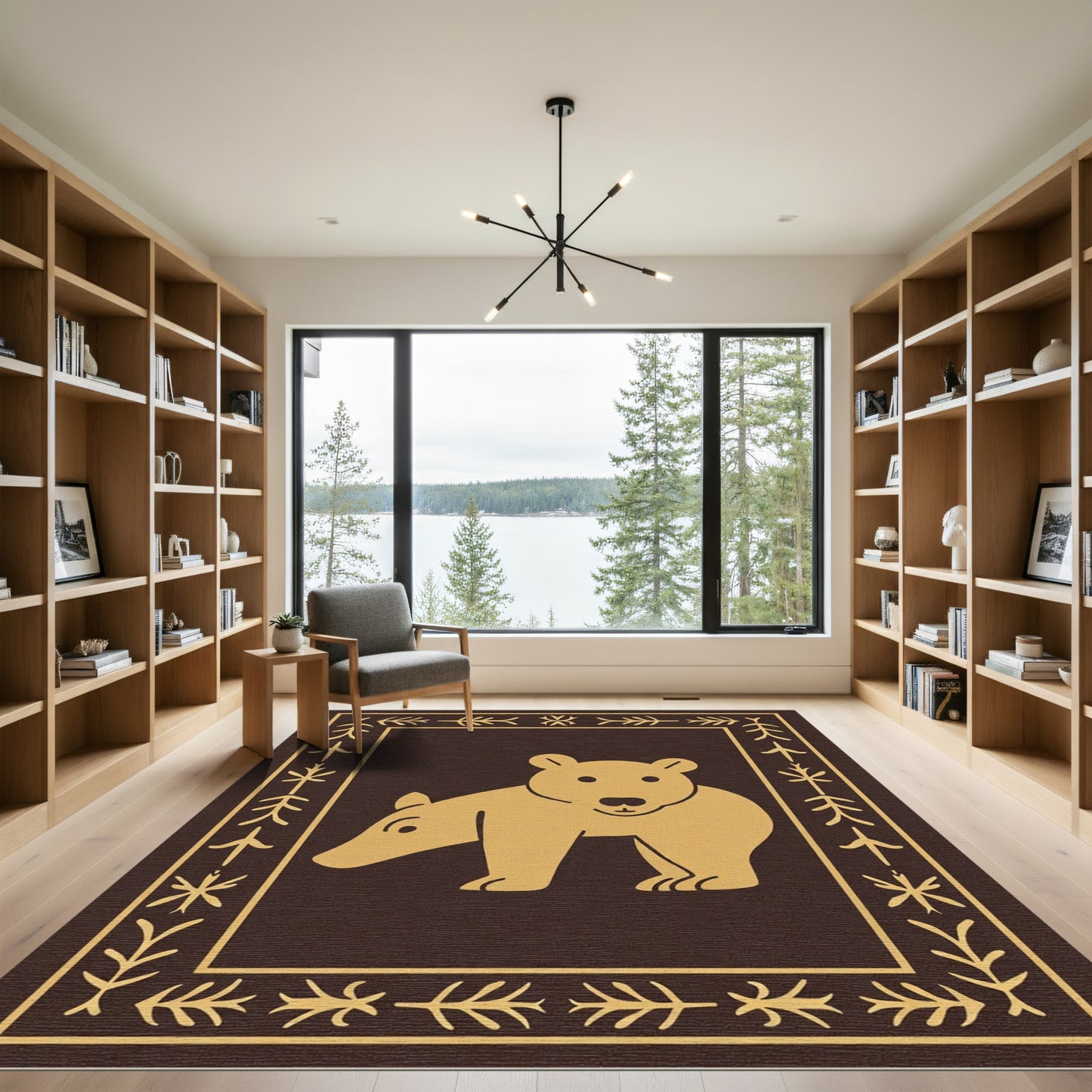 Brown Gold Folk Bear Border Rug