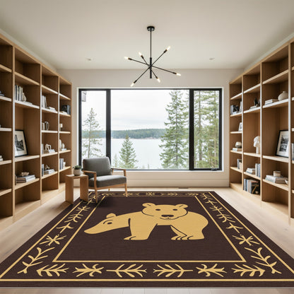 Brown Gold Folk Bear Border Rug