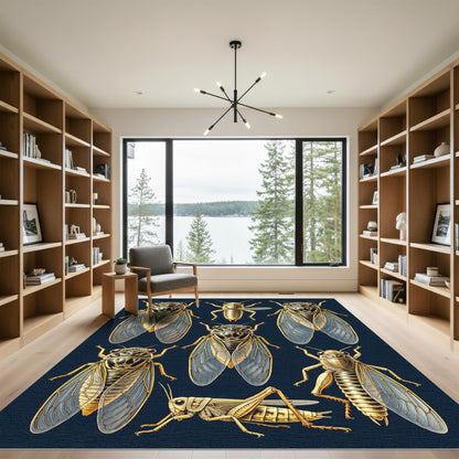 Golden Entomological Cicada Insect Grid Rug