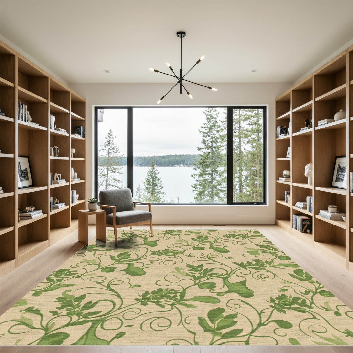 Vintage Green Floral Vine Scroll Rug