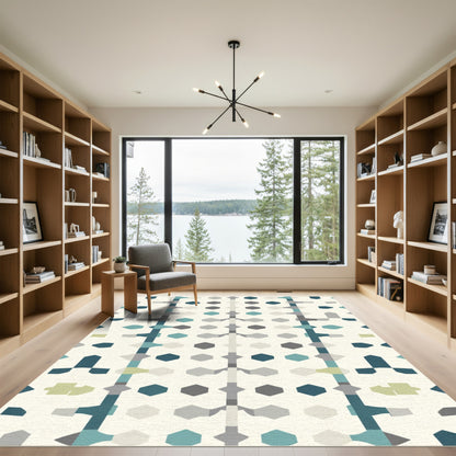 Teal Gray Geometric Hexagon Mosaic Rug