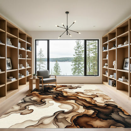 Brown Abstract Ink Flow Swirls Rug