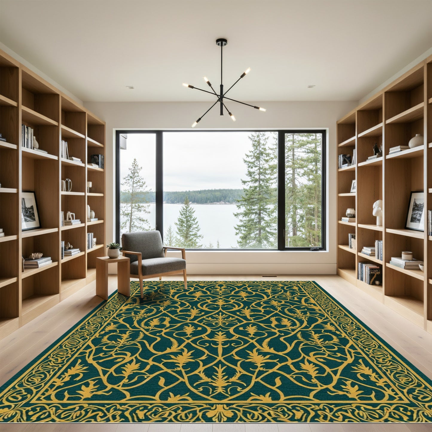 Deep Teal and Gold Arabesque Scroll Rug