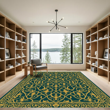 Deep Teal and Gold Arabesque Scroll Rug