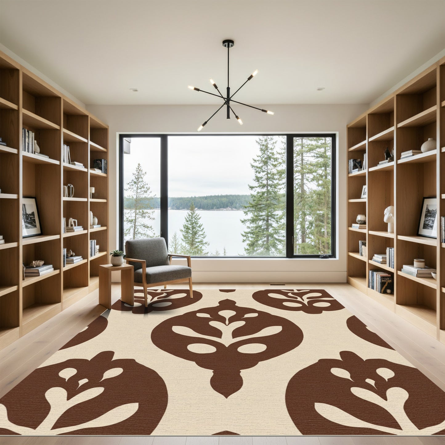 Cream and Brown Abstract Floral Medallion Rug