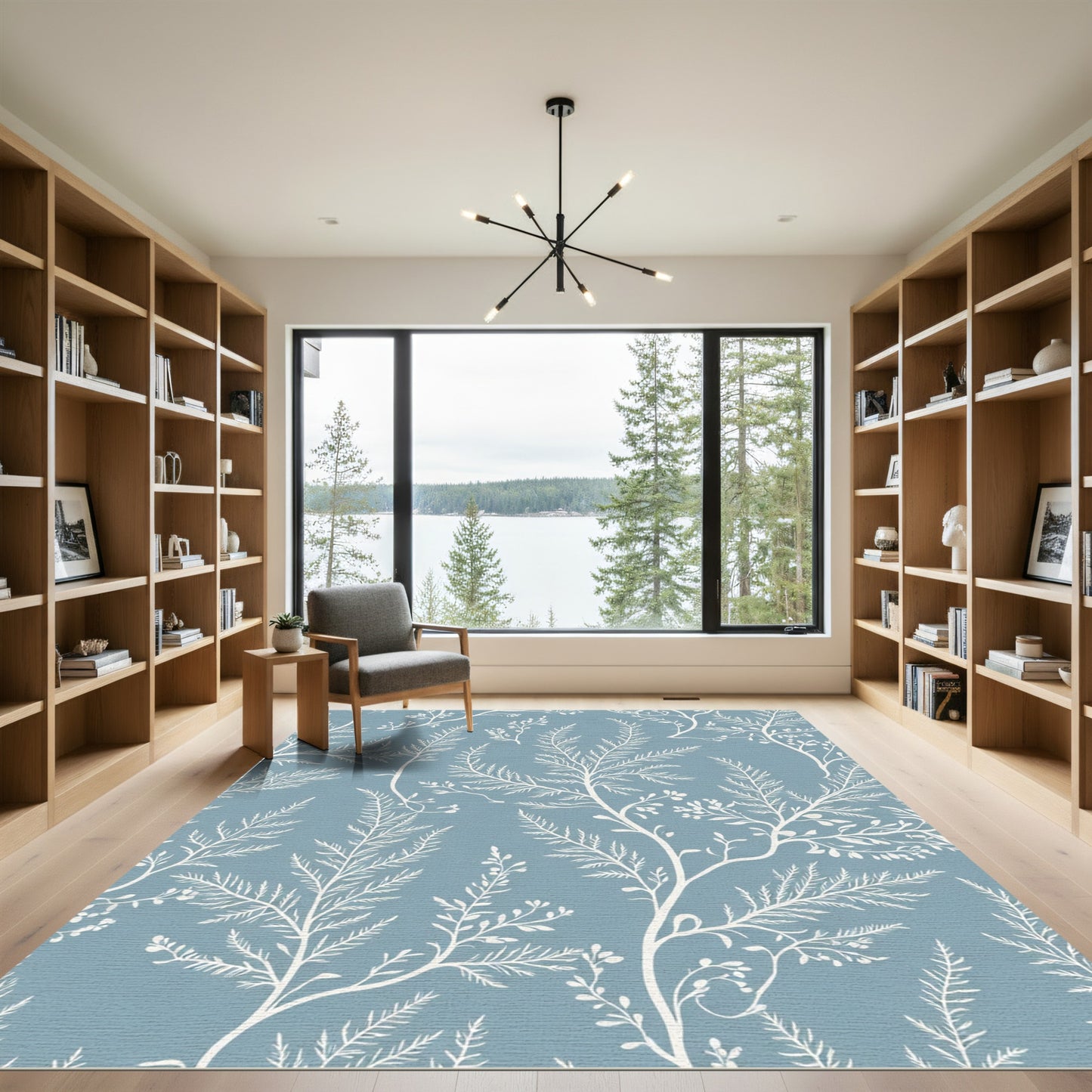 White Ferns on Blue Background Rug