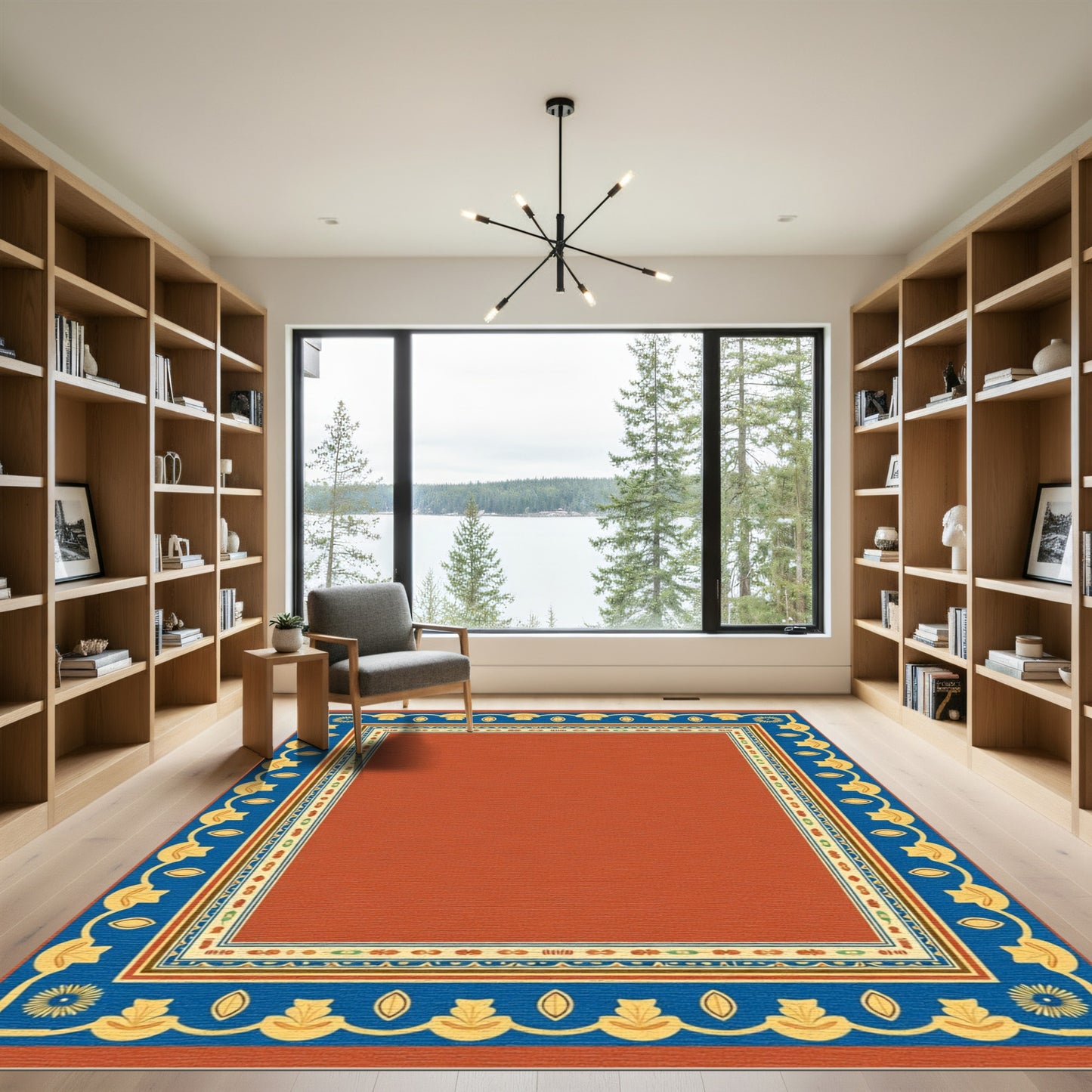 Terracotta Blue Yellow Geometric Floral Frame Rug