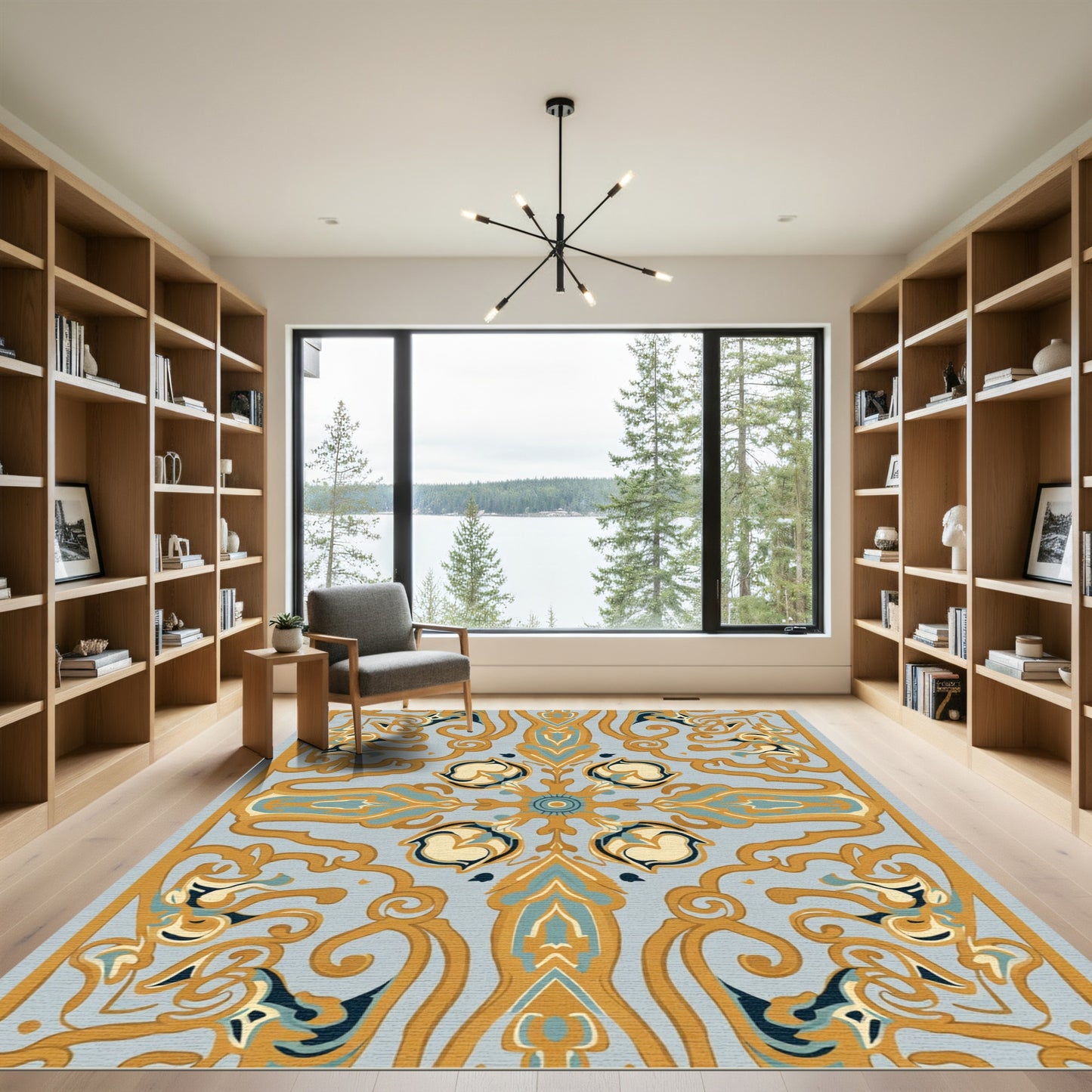 Golden Blue Floral Swirl Allegory Rug