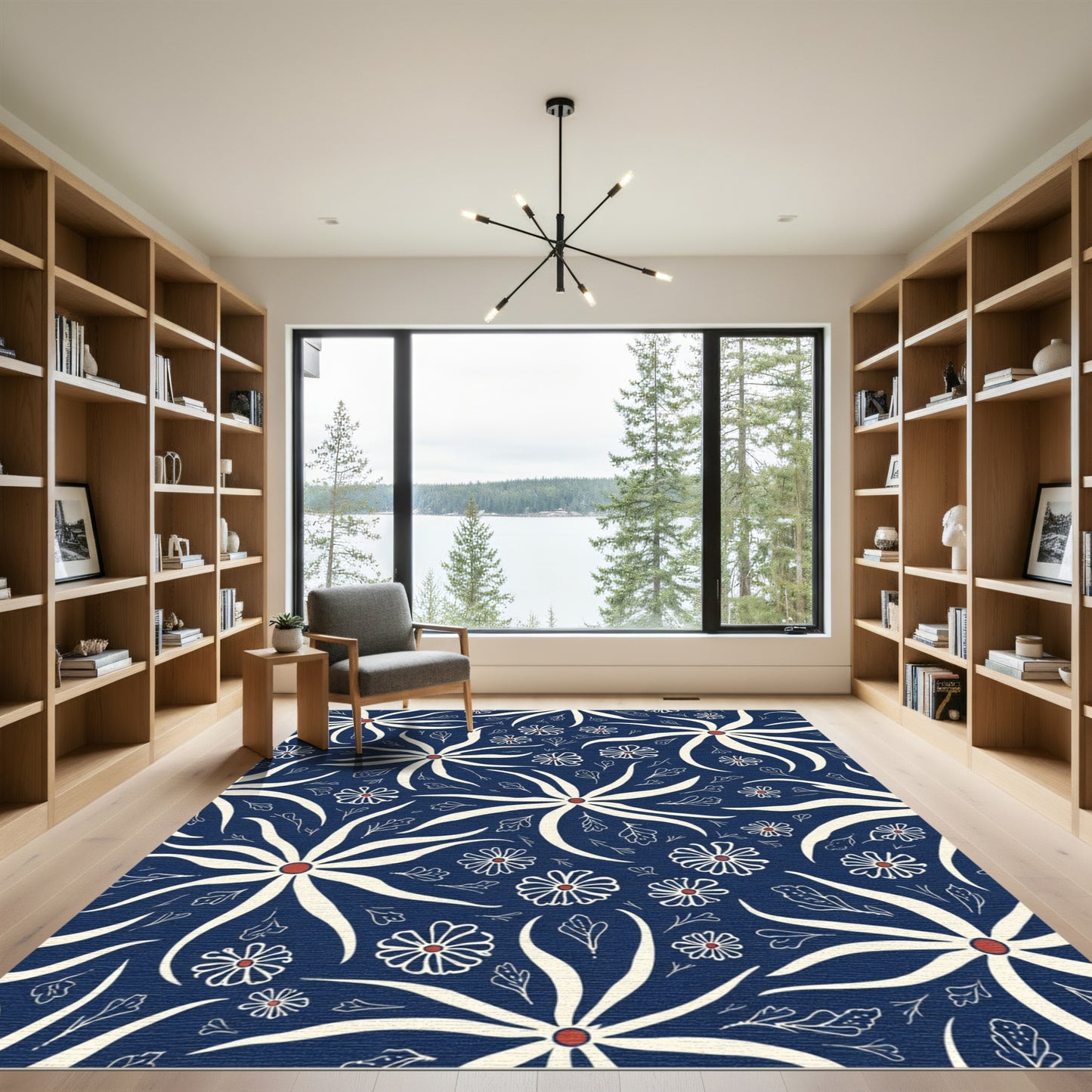 Chic Indigo White Floral Arrangement Rug