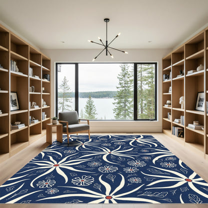 Chic Indigo White Floral Arrangement Rug