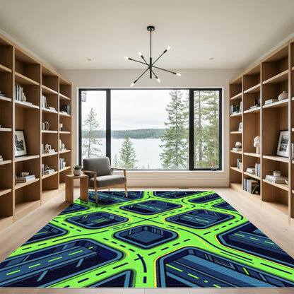 Neon Cyberpunk Isometric Street Grid Rug