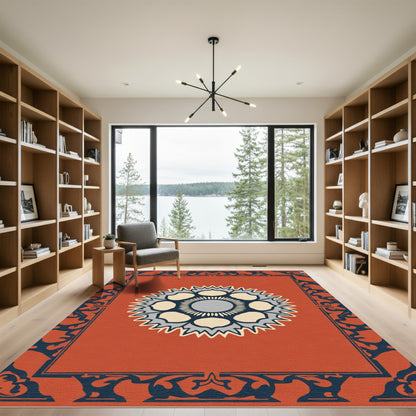 Terracotta Navy Medallion Border Rug