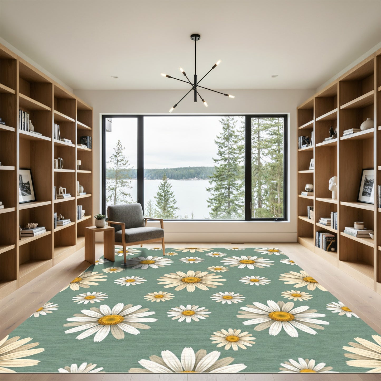 Whimsical Sage Green Daisy Floral Rug