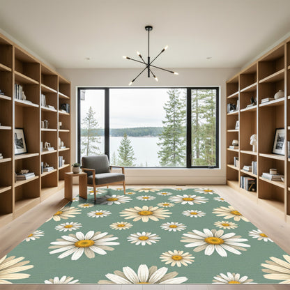 Whimsical Sage Green Daisy Floral Rug