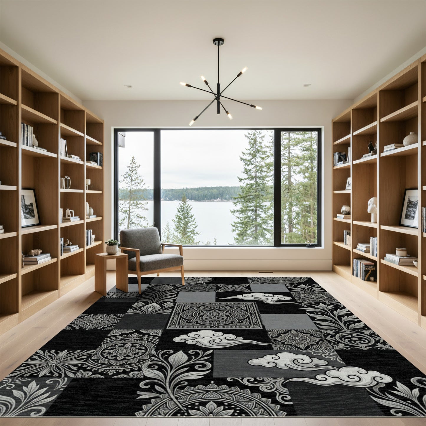 Monochromatic Collage Mandala Cloud Artwork Rug