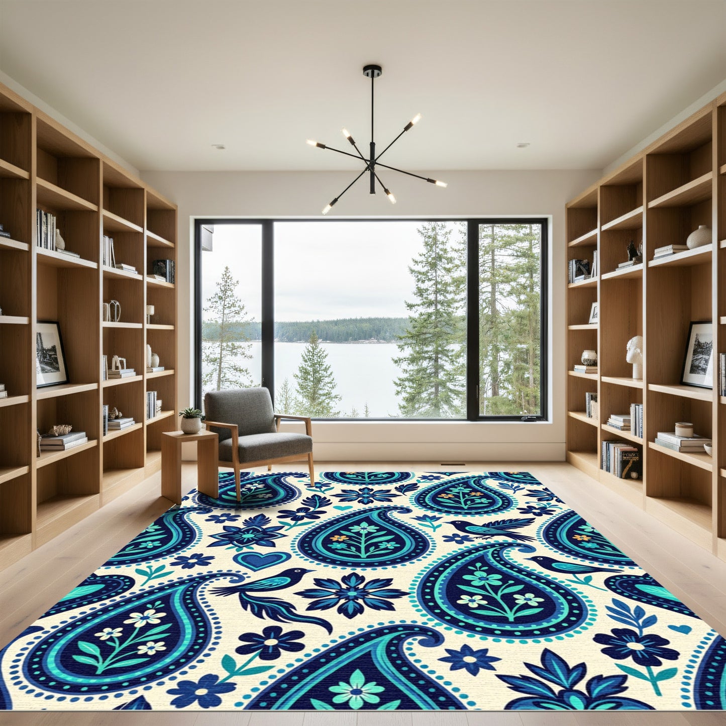 Blue Teal Paisley Floral Birds Rug