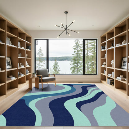 Retro Blue Abstract Wavy Stripes Rug