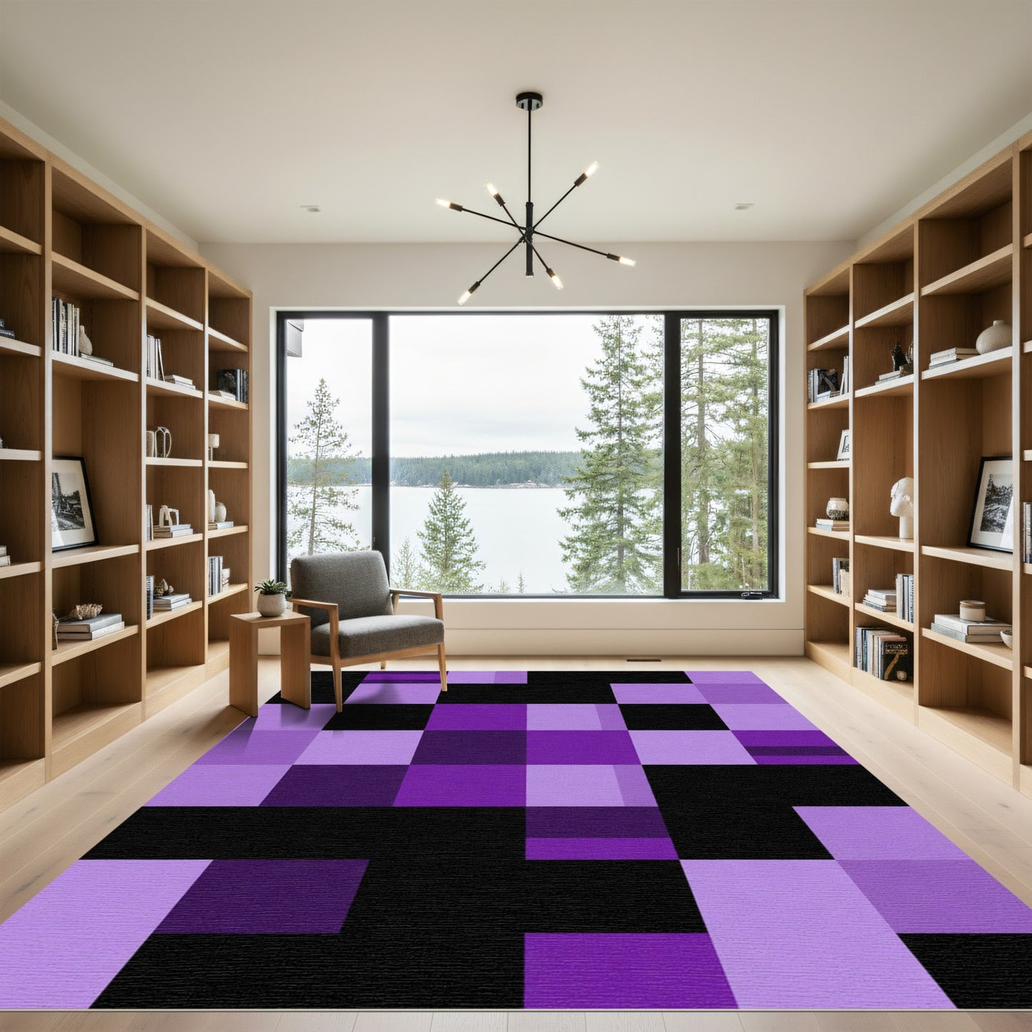 Purple Black Geometric Checkered Blocks Rug