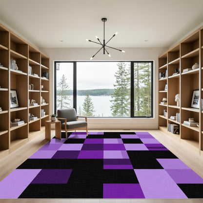 Purple Black Geometric Checkered Blocks Rug