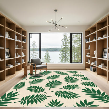 Green Frond Pattern Cream Background Rug