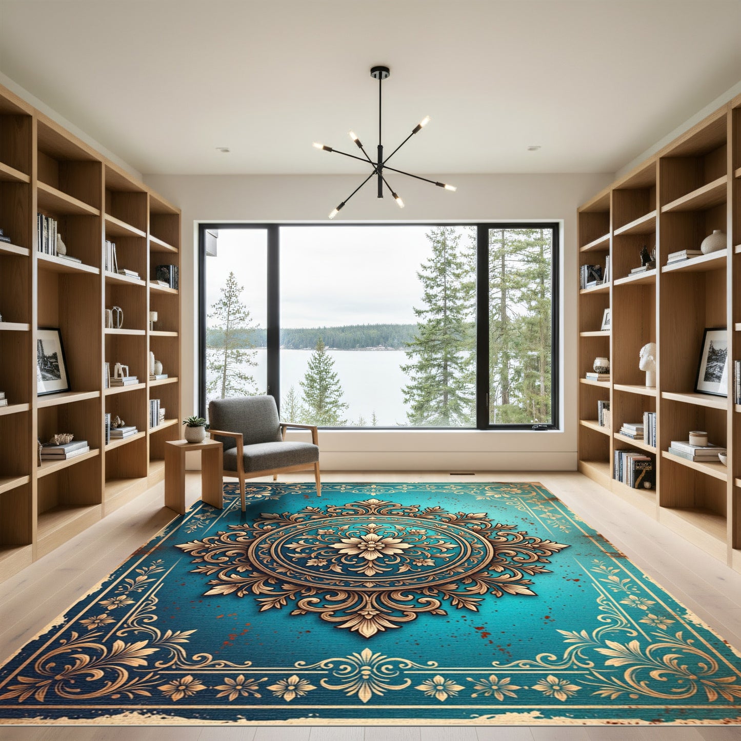 Elaborate Teal Golden Scrollwork Bloom Rug