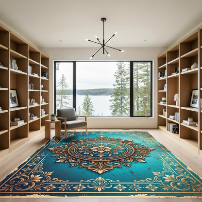 Elaborate Teal Golden Scrollwork Bloom Rug