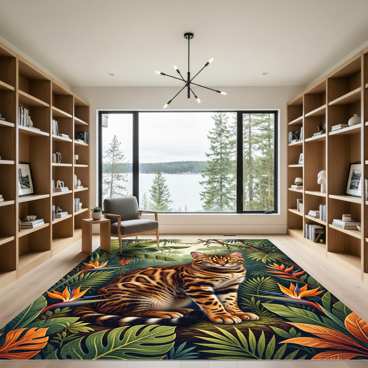 Exotic Bengal Cat Lush Tropical Jungle Rug
