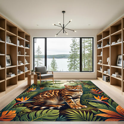 Exotic Bengal Cat Lush Tropical Jungle Rug
