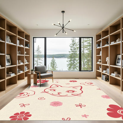 Whimsical Red Cat Floral Arrangement Rug