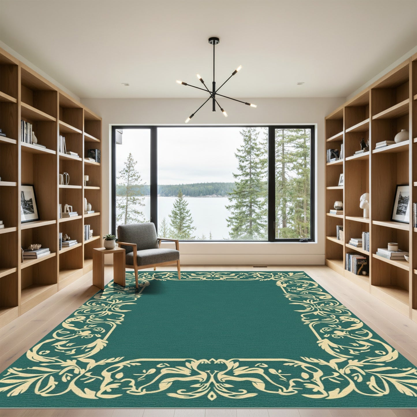 Elegant Teal Floral Leaf Border Rug