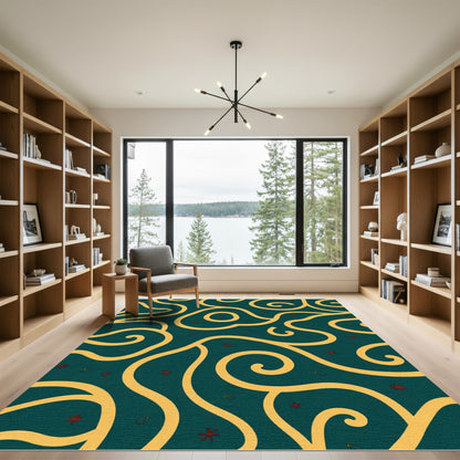 Teal Yellow Swirl Star Accents Rug