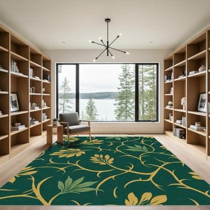 Deep Emerald Golden Vine Foliage Rug