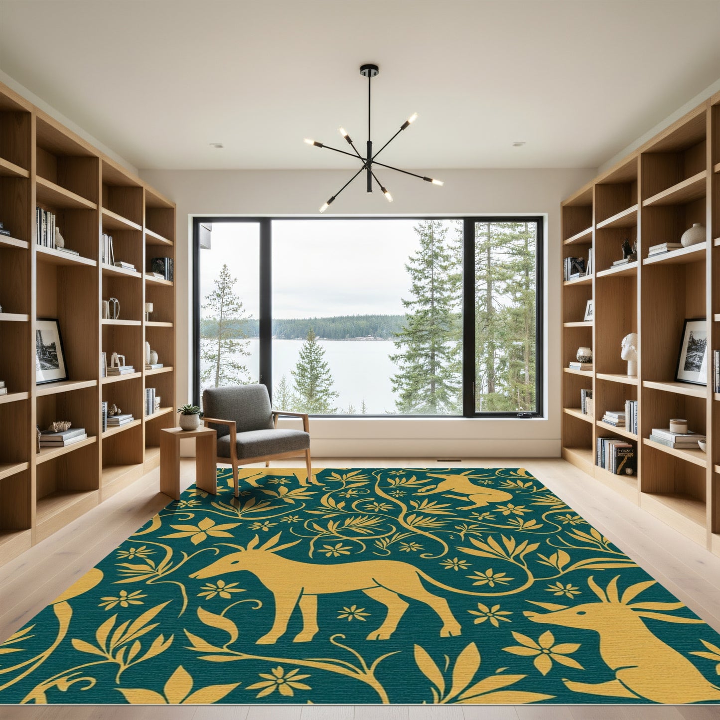 Golden Woodland Animal Botanical Overlay Rug