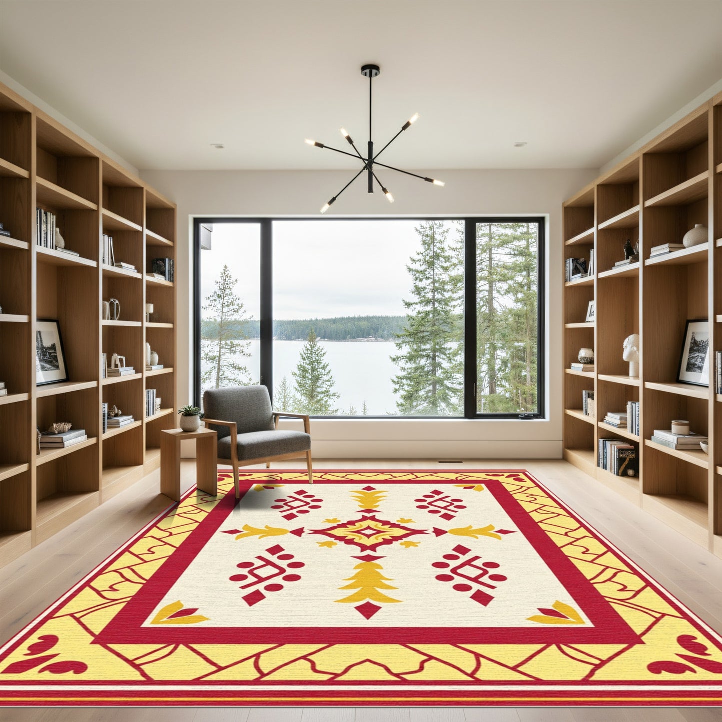 Crimson Yellow Floral Medallion Border Rug