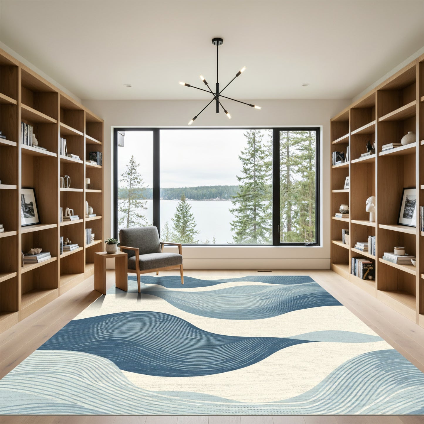 Serene Blue Abstract Wavy Lines Rug