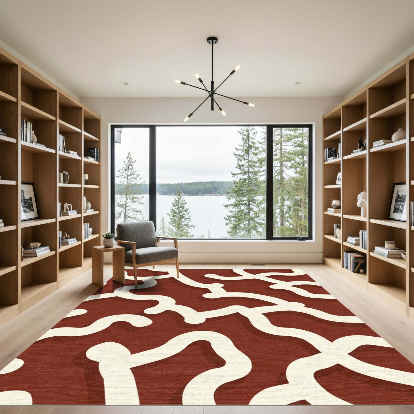 Rust Cream Flowing Abstract Lines Rug