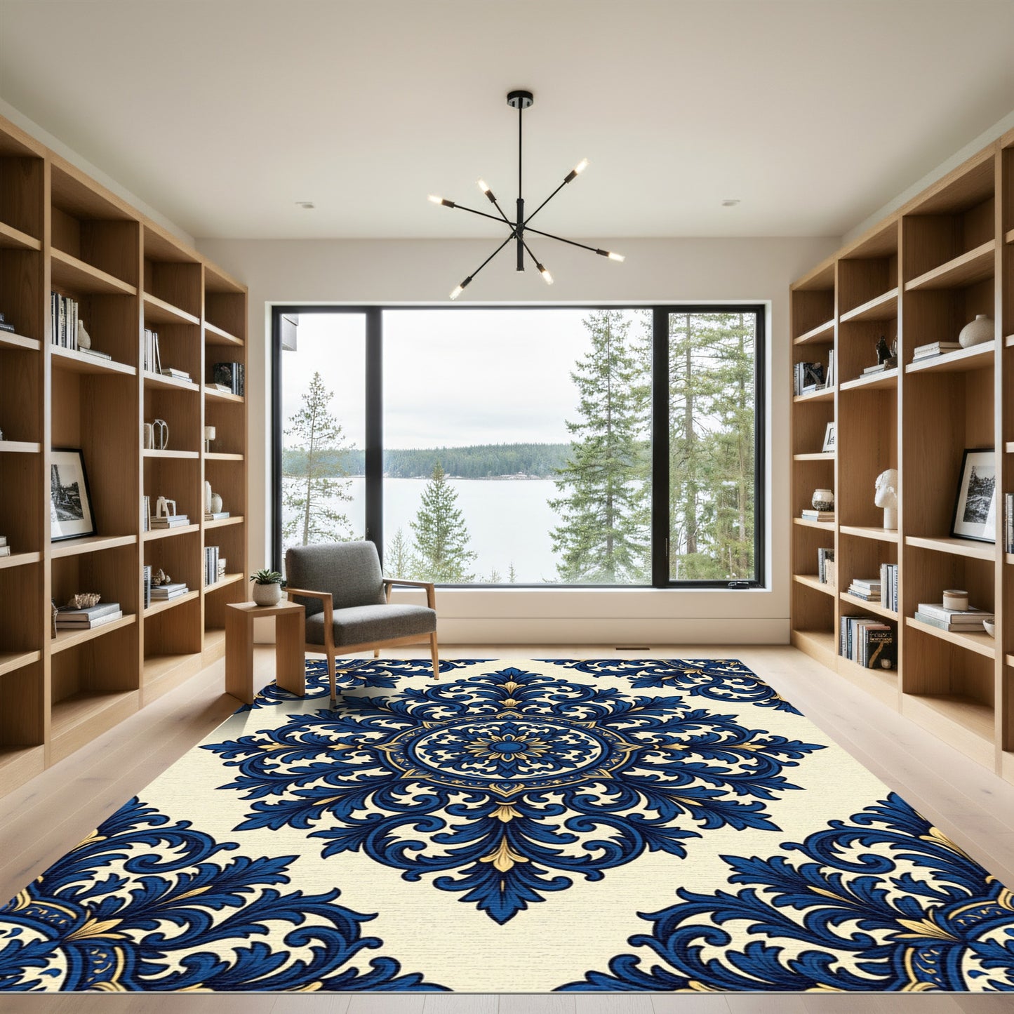 Elegant Navy Blue Gold Damask Medallion Rug