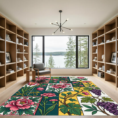 Vibrant Pink Floral Green Yellow Grids Rug