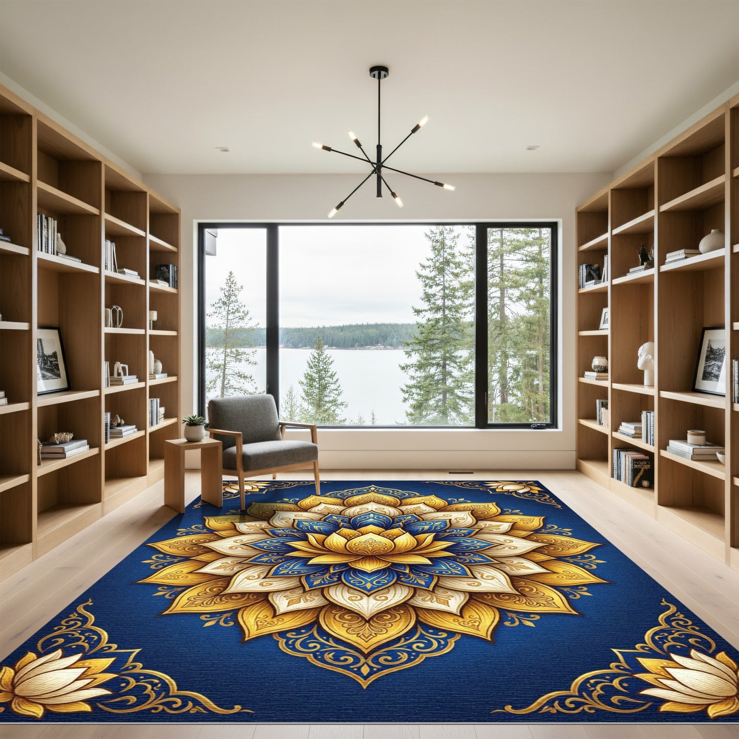 Ornate Blue and Gold Lotus Medallion Rug