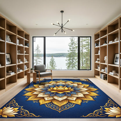 Ornate Blue and Gold Lotus Medallion Rug