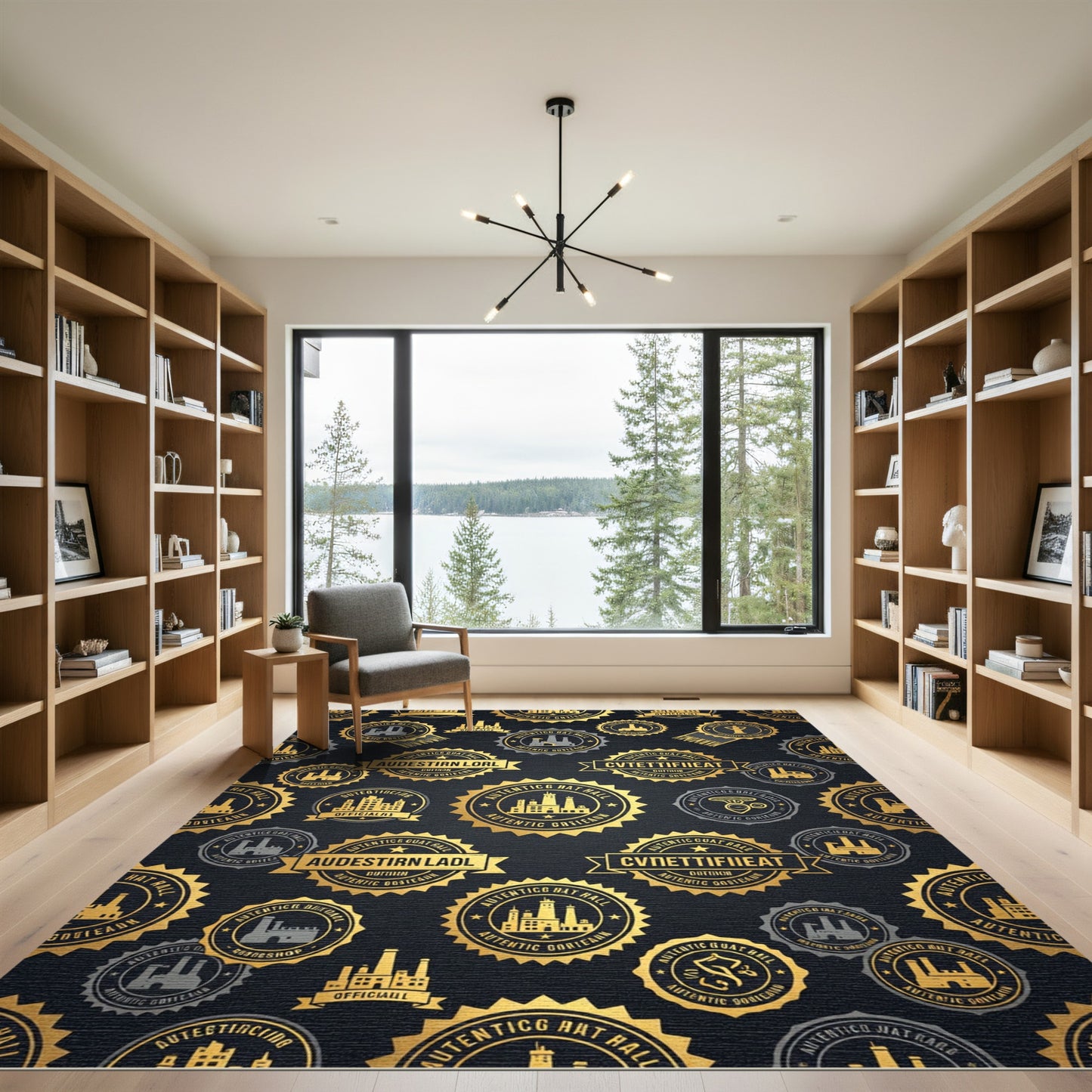 Gold Industrial Emblem Charcoal Luxury Rug