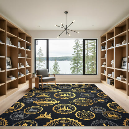 Gold Industrial Emblem Charcoal Luxury Rug