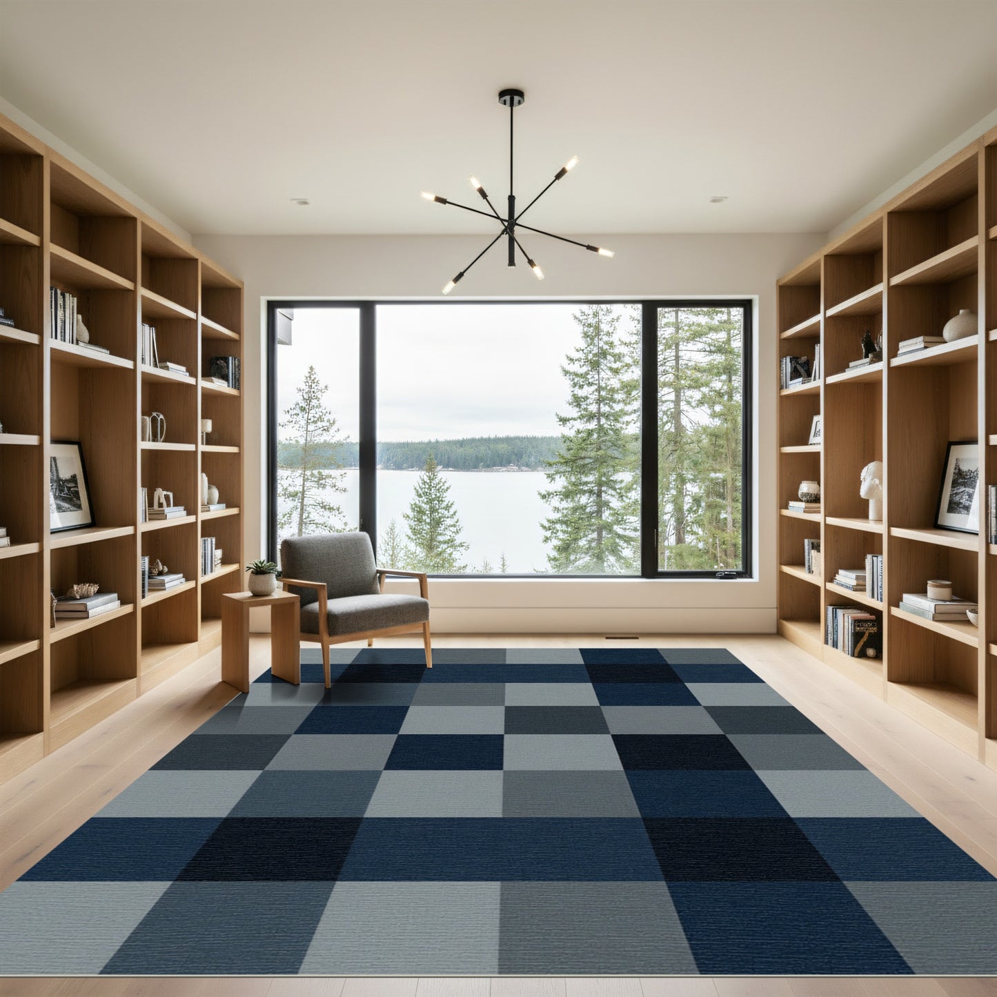 Modern Navy and Charcoal Checkered Grid Rug